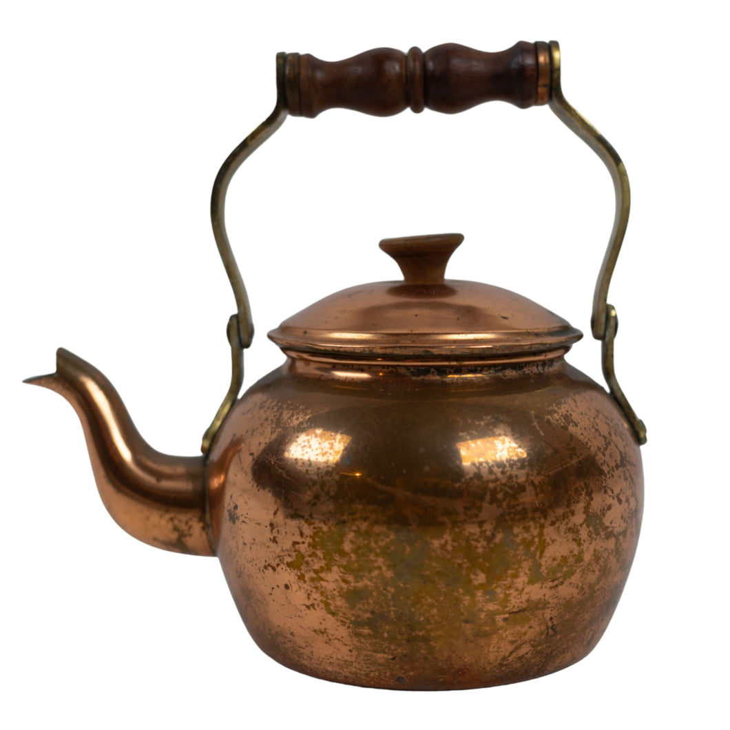 Vintage Copper Teapot with Wooden Handle – 8” x 8”
